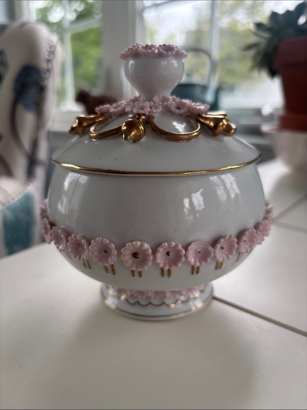 ANDREA FENZI White Porcelain Lidded Jar with Pink Floral Appliqués and Gold Trim